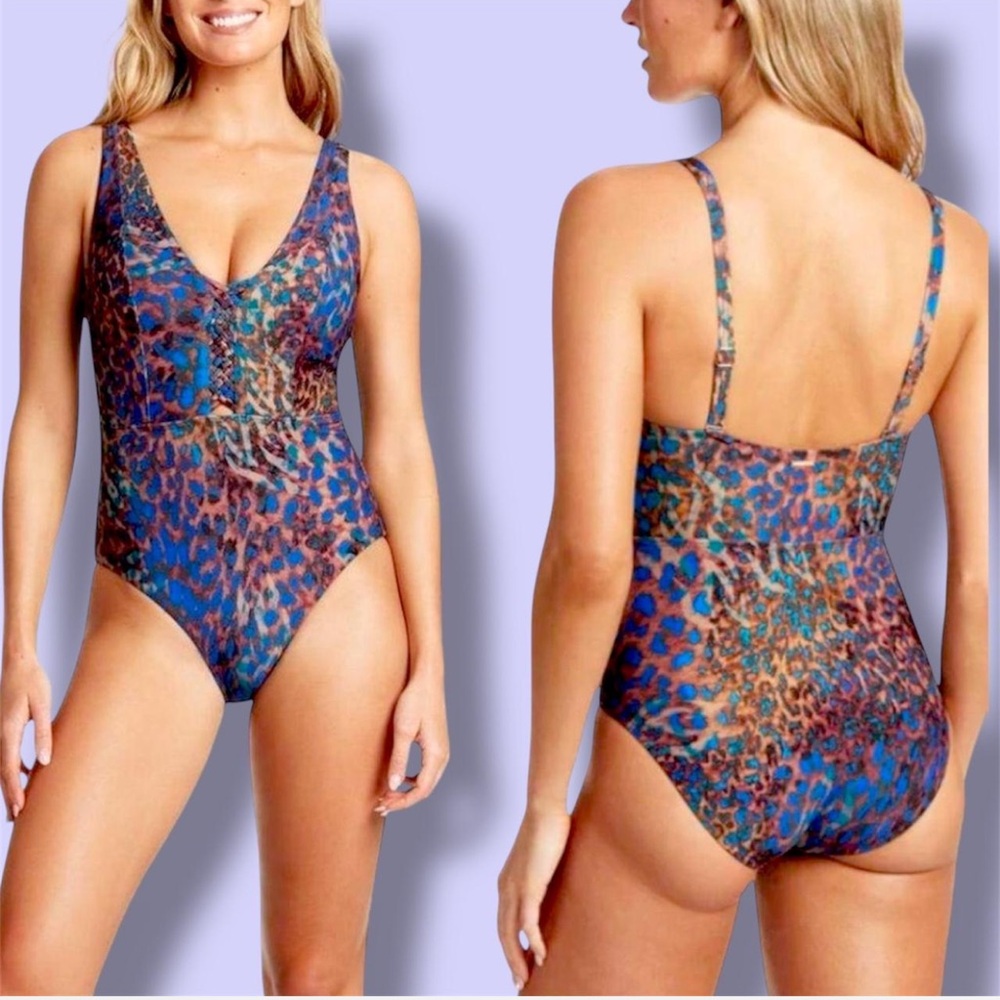 SEA LEVEL SWIM LEOPARD PRINT V-NECK PLUNGE MACRAME ONE-PIECE SWIMSUIT - XL NWOT